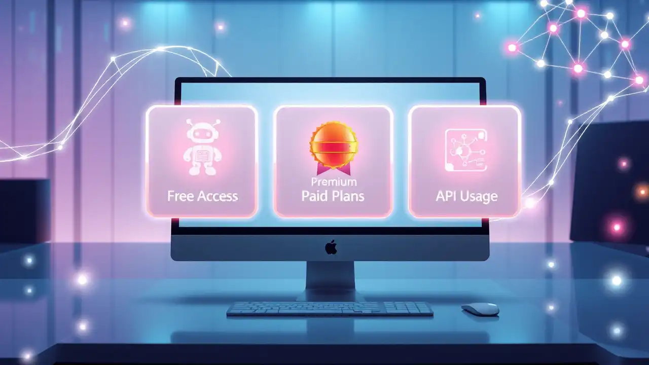 Gambar ilustrasi perbandingan ChatGPT dengan akses gratis, paket berbayar, dan penggunaan API, menampilkan ikon futuristik dan elemen teknologi.