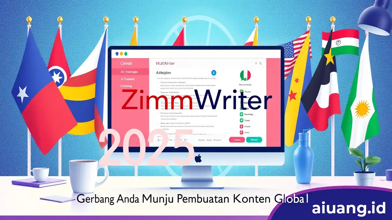 Ilustrasi modern ZimmWriter 2025, alat tulis berbasis AI dengan fitur multibahasa dan optimasi SEO, yang menampilkan antarmuka digital inovatif untuk pembuatan konten.