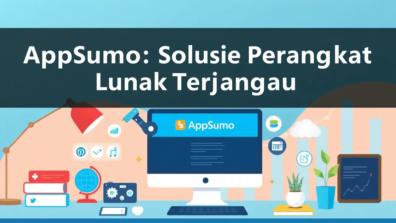 Gambar ilustrasi modern menunjukkan laptop dengan layar berisi situs web AppSumo, dikelilingi ikon alat bisnis dan produktivitas.