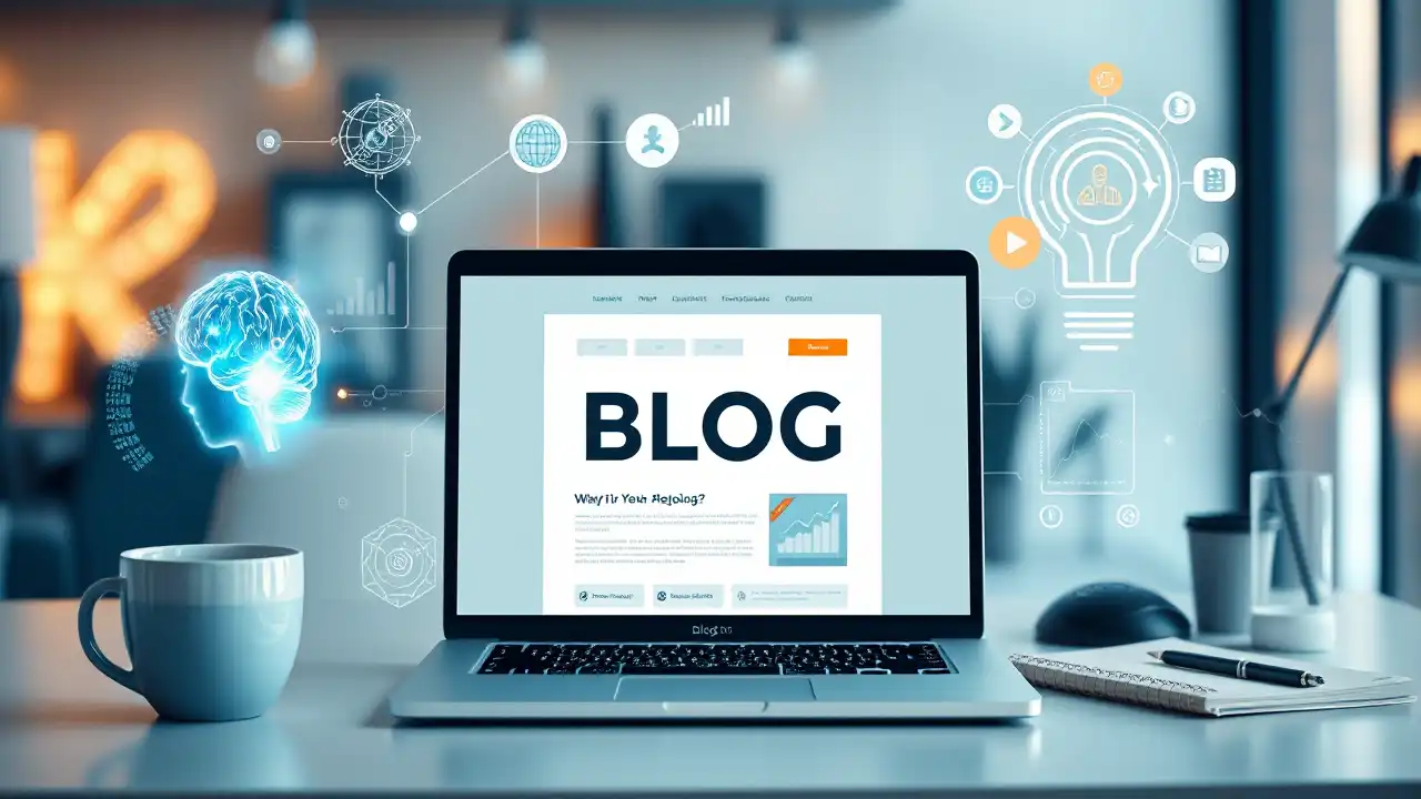 Sebuah gambar profesional yang menggambarkan teknologi AI dalam mendukung pembuatan blog. Menampilkan meja kerja modern dengan laptop yang menunjukkan antarmuka blog, ikon-ikon AI futuristik, dan elemen kreatif lainnya seperti cangkir kopi, notebook, serta grafik analitik.