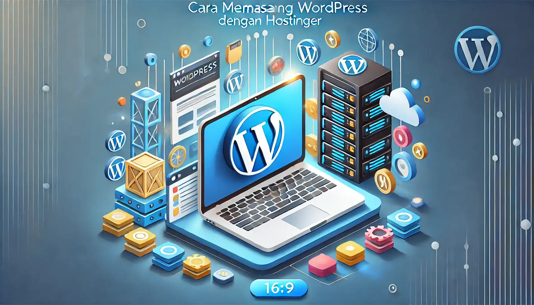 Laptop dengan logo WordPress di layar dan rak server di latar belakang, merepresentasikan panduan memasang WordPress dengan Hostinger.