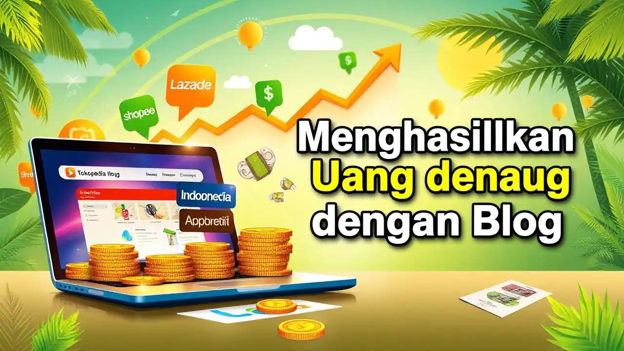 Laptop dengan blog aktif di layar, uang kertas dan koin Rupiah, serta logo Tokopedia dan Shopee yang mewakili peluang menghasilkan uang dengan blog di Indonesia.