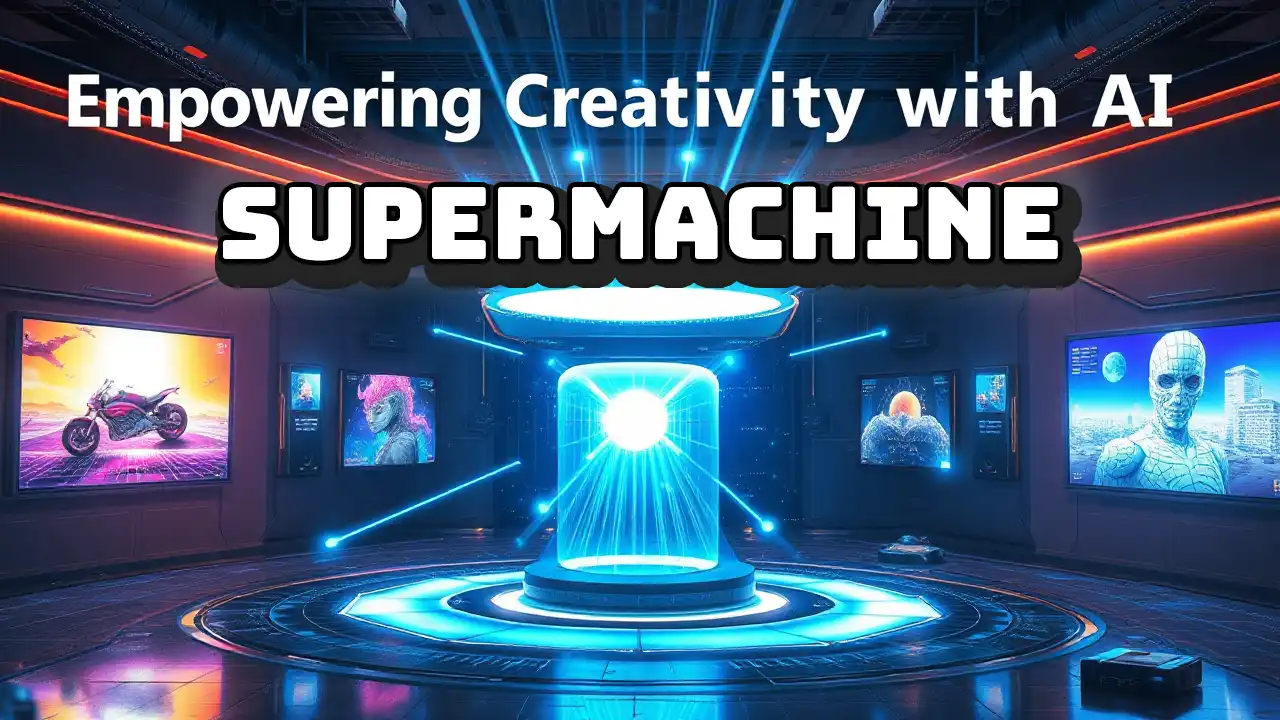 Konsep futuristik Supermachine, sebuah alat AI yang menciptakan gambar kreatif dalam waktu nyata di ruang kerja berteknologi tinggi.