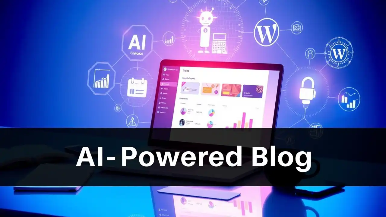 Gambar meja kerja modern dengan laptop yang menampilkan dashboard WordPress, dikelilingi elemen futuristik seperti grafik analitik, chatbot AI, dan kalender holografik.