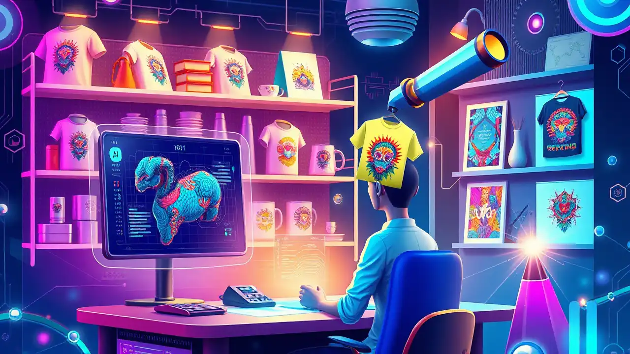 Ilustrasi futuristik yang menggambarkan Bisnis Print-on-Demand dengan integrasi AI, menampilkan ruang kerja kreatif dengan berbagai produk POD seperti kaos, mug, dan poster.