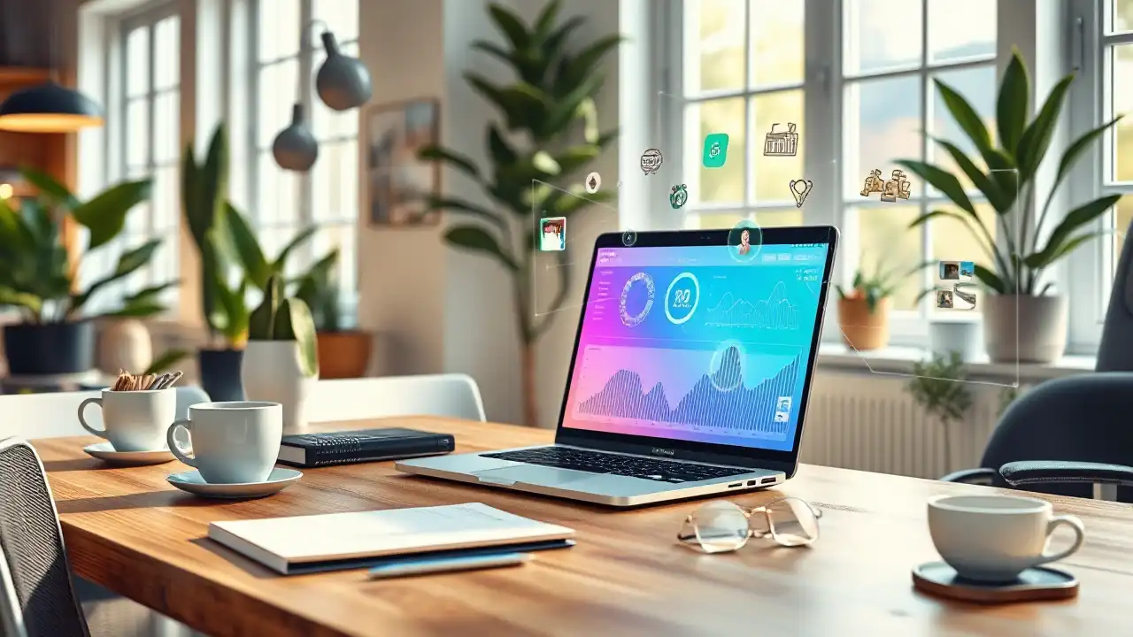 Meja kerja modern dengan laptop yang menampilkan dashboard aplikasi penuh warna, dikelilingi oleh ikon bertema AI seperti grafik holografik dan elemen optimasi SEO, dalam ruangan yang terang dengan tanaman hias dan jendela besar.