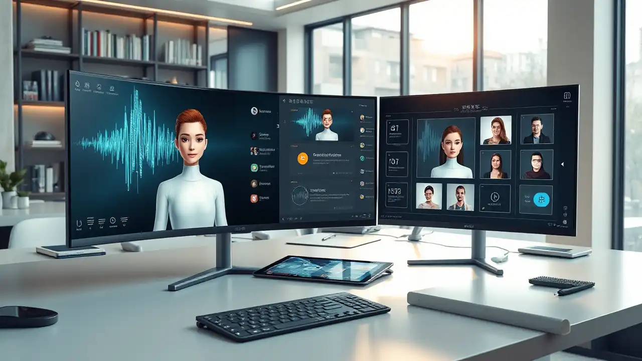 Ruang kerja digital modern dengan beberapa monitor yang menampilkan alat avatar video AI. Satu layar menampilkan avatar 3D interaktif dengan bentuk gelombang ucapan dan opsi terjemahan, sementara layar lainnya menampilkan fitur penyesuaian avatar. Meja dilengkapi dengan keyboard, tablet, dan stylus, dikelilingi oleh cahaya alami dan suasana futuristik.