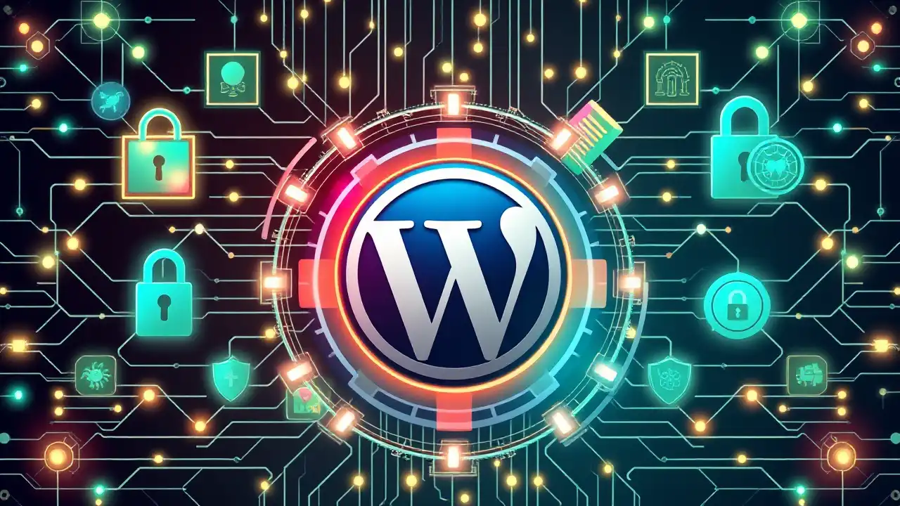 Ilustrasi tentang keamanan WordPress yang menampilkan logo WordPress dengan elemen keamanan seperti gembok, perisai, dan jaringan digital untuk melambangkan proteksi situs.