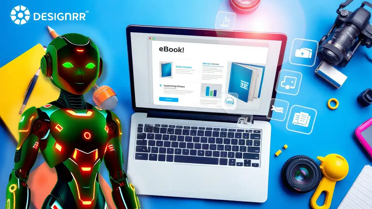 Laptop yang menampilkan antarmuka Designrr dengan eBook yang sedang dibuat, dikelilingi oleh ikon-ikon digital seperti buku, mikrofon, dan kamera.