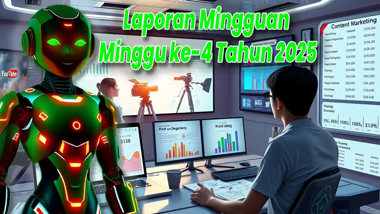 Ilustrasi lingkungan kerja digital dengan berbagai layar menampilkan analitik, grafik peringkat kata kunci, dan dashboard situs web AI Uang.