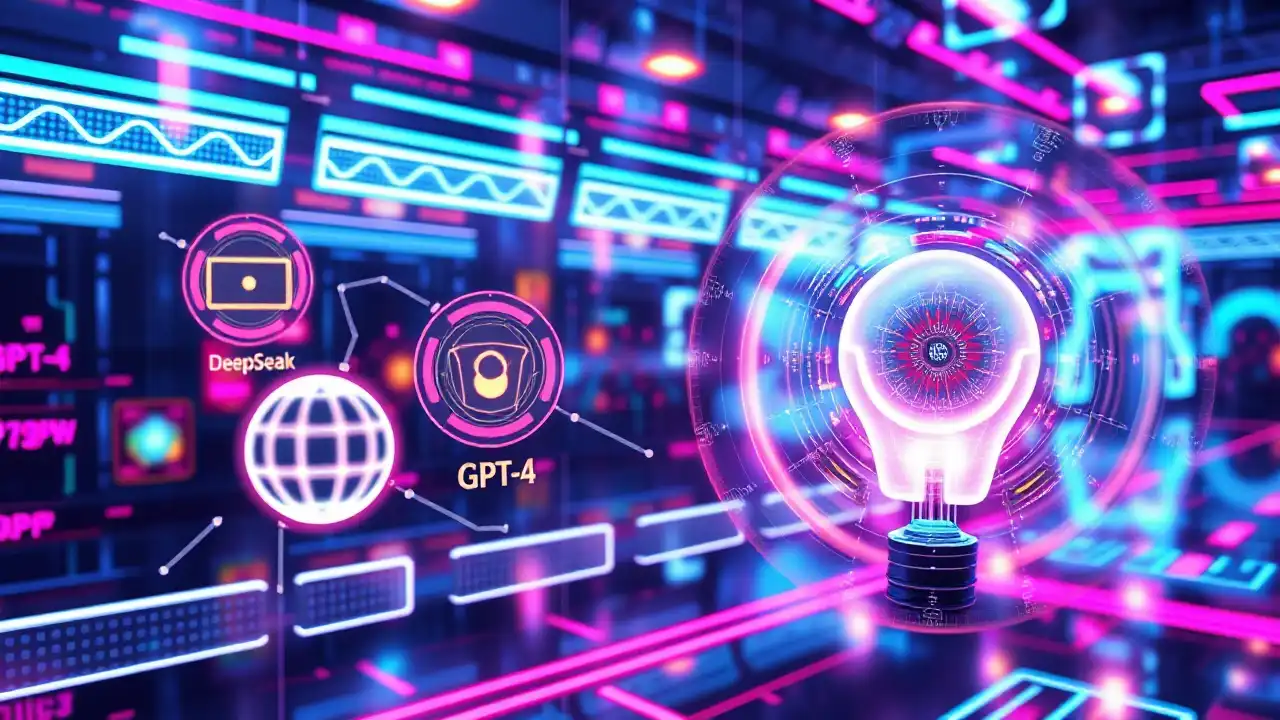 Ilustrasi futuristik yang menampilkan perbandingan model AI terbaru seperti Alibaba Qwen 2.5, DeepSeek, GPT-4, Claude 3.5, dan Google Gemini dalam antarmuka holografik yang canggih.