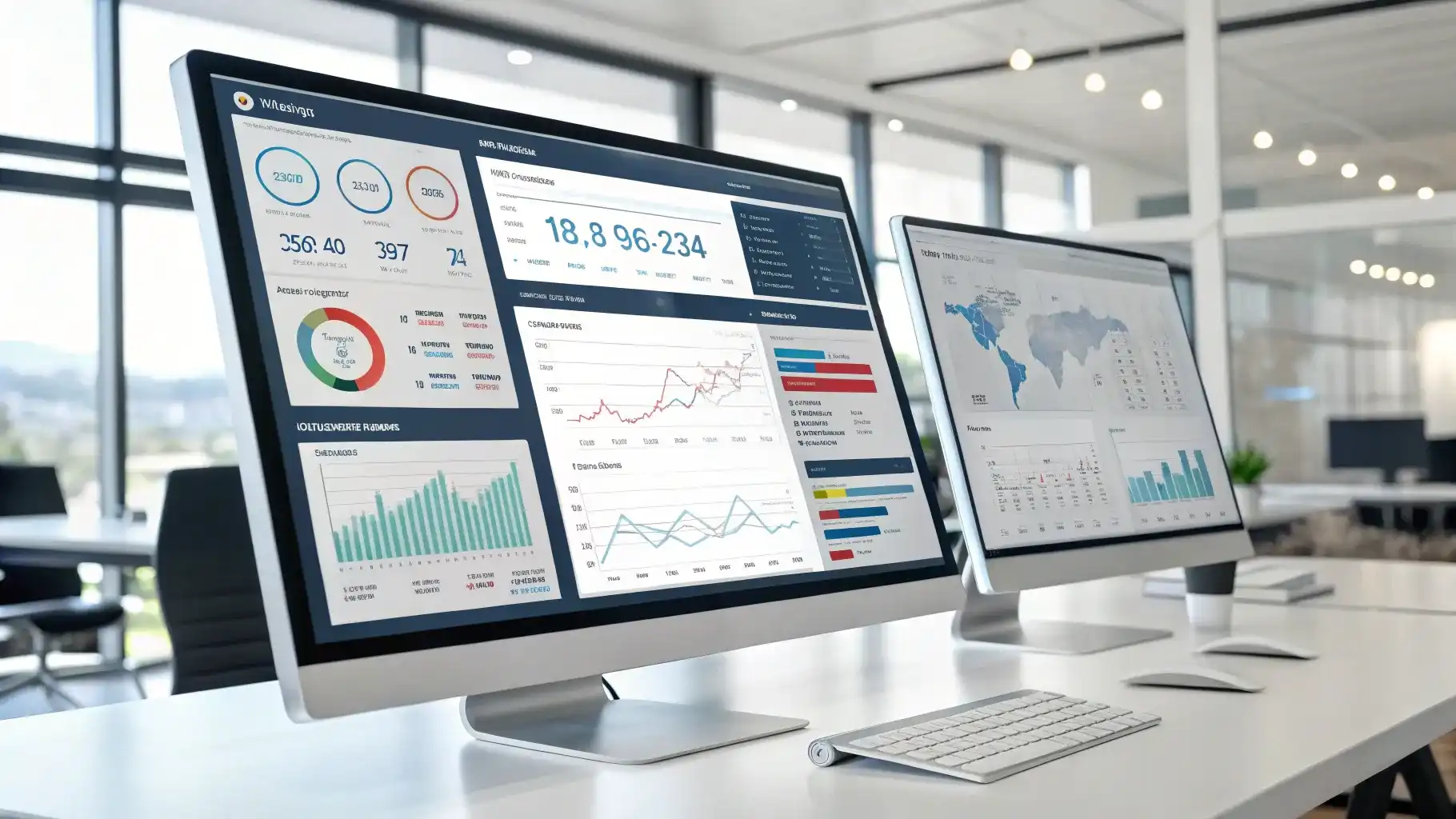Gambar utama menampilkan dashboard modern dengan berbagai statistik, diagram, dan alat manajemen situs WordPress, menggambarkan fitur Modular DS untuk pengelolaan website.