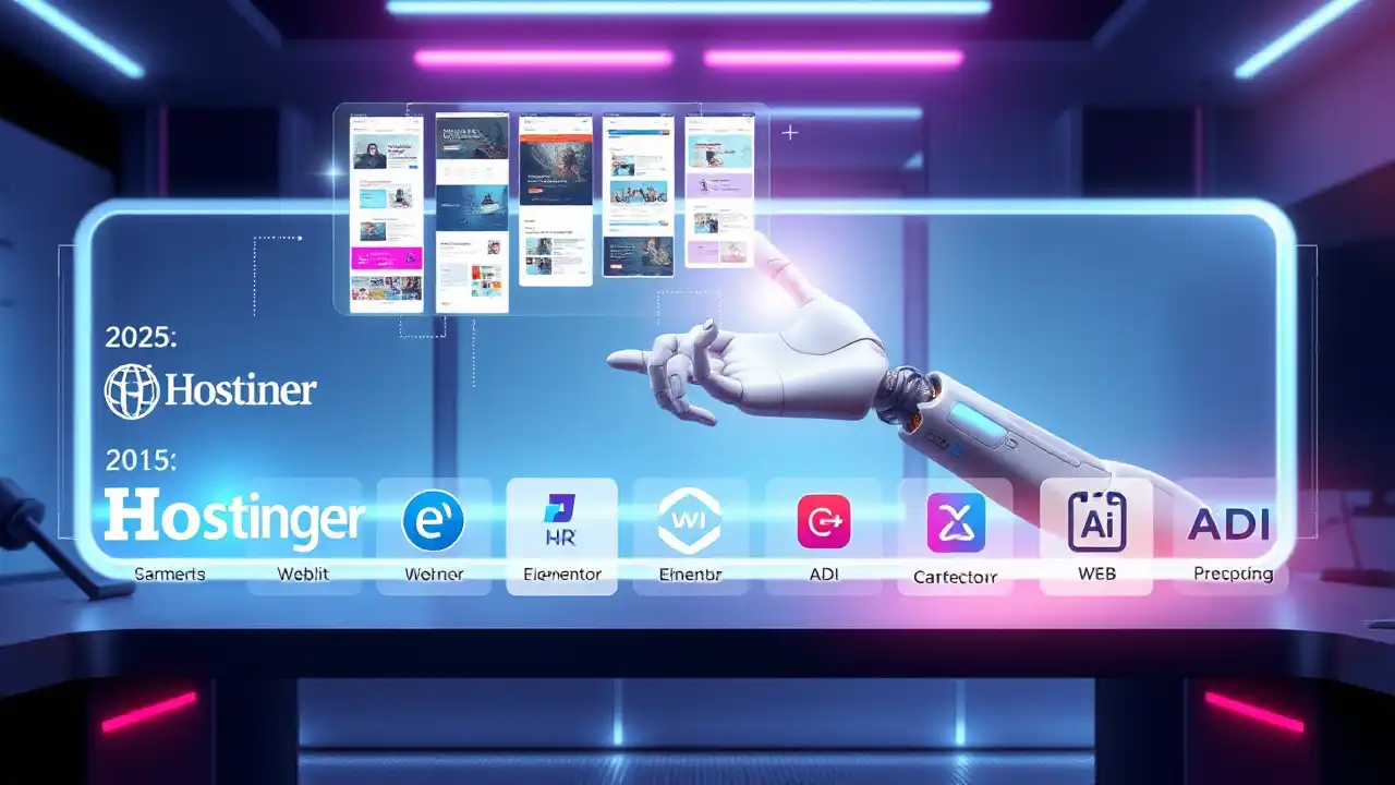 Ilustrasi futuristik yang menampilkan antarmuka holografik pembuat situs web AI dengan tangan robot yang berinteraksi, menciptakan situs web profesional secara otomatis.